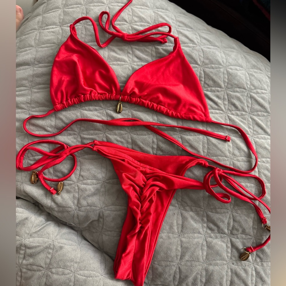 2-Pc Ruby-Colored String Bikini Set W/Seashell Ac… - image 1